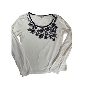 Janeville Floral Embellished Long Sleeve Top Elegant Crew Neck Size M